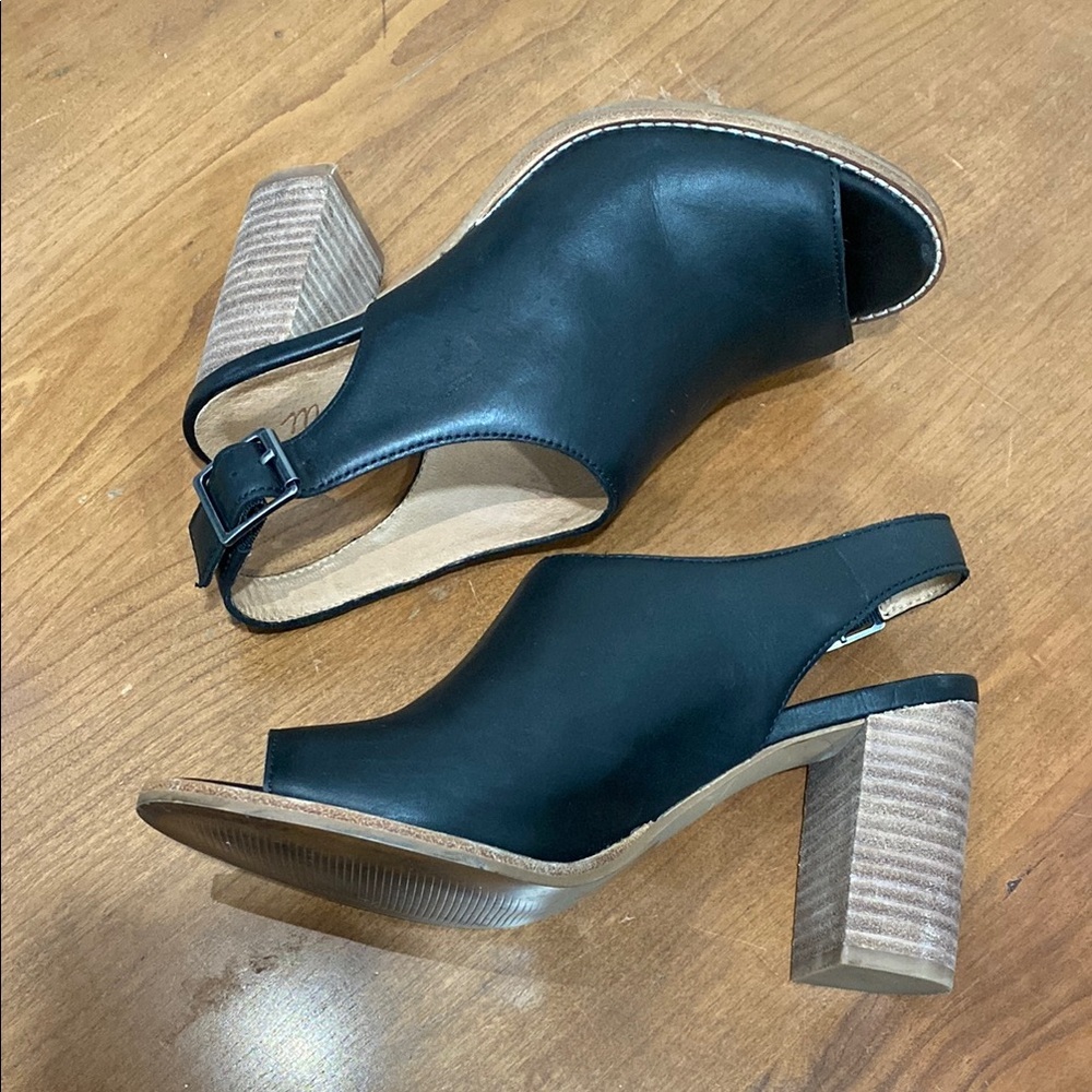 Madewell Women's The Cary Black Leather Block Heel Open Toe Casual Sandals 7 1/2